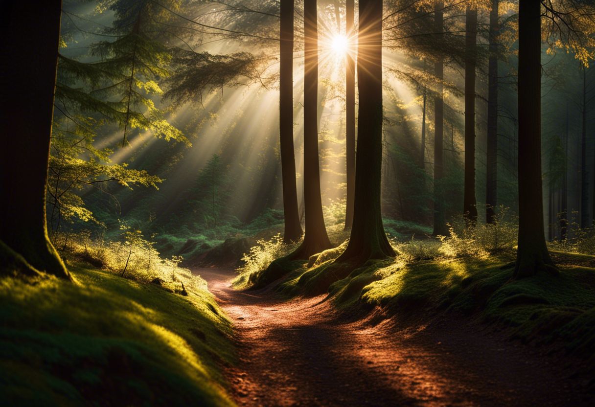 A tranquil forest scene with sunlight peeking through the trees.