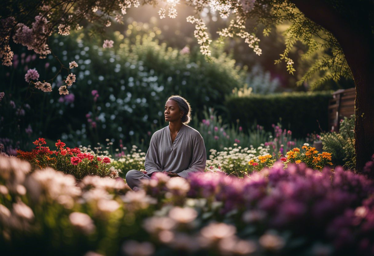 Person meditating in a serene garden surrounded by nature's beauty.
