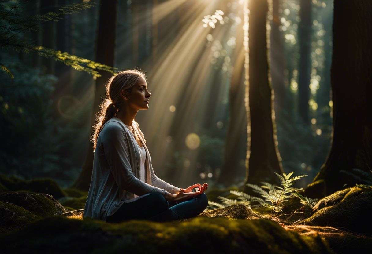 A woman meditates in a mystical forest surrounded by sunlight rays.