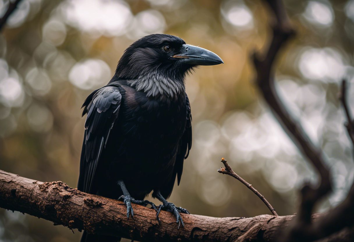 A majestic crow perched on a tree branch against cloudy sky.