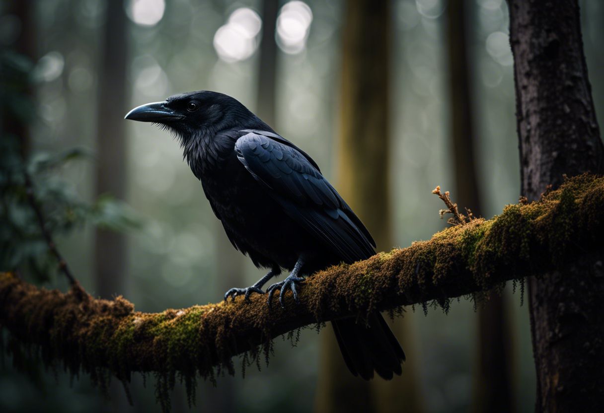 Mystical forest with a crow perched on a branch.