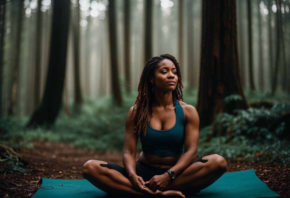 A woman doing yoga on a mat in a peaceful forest.