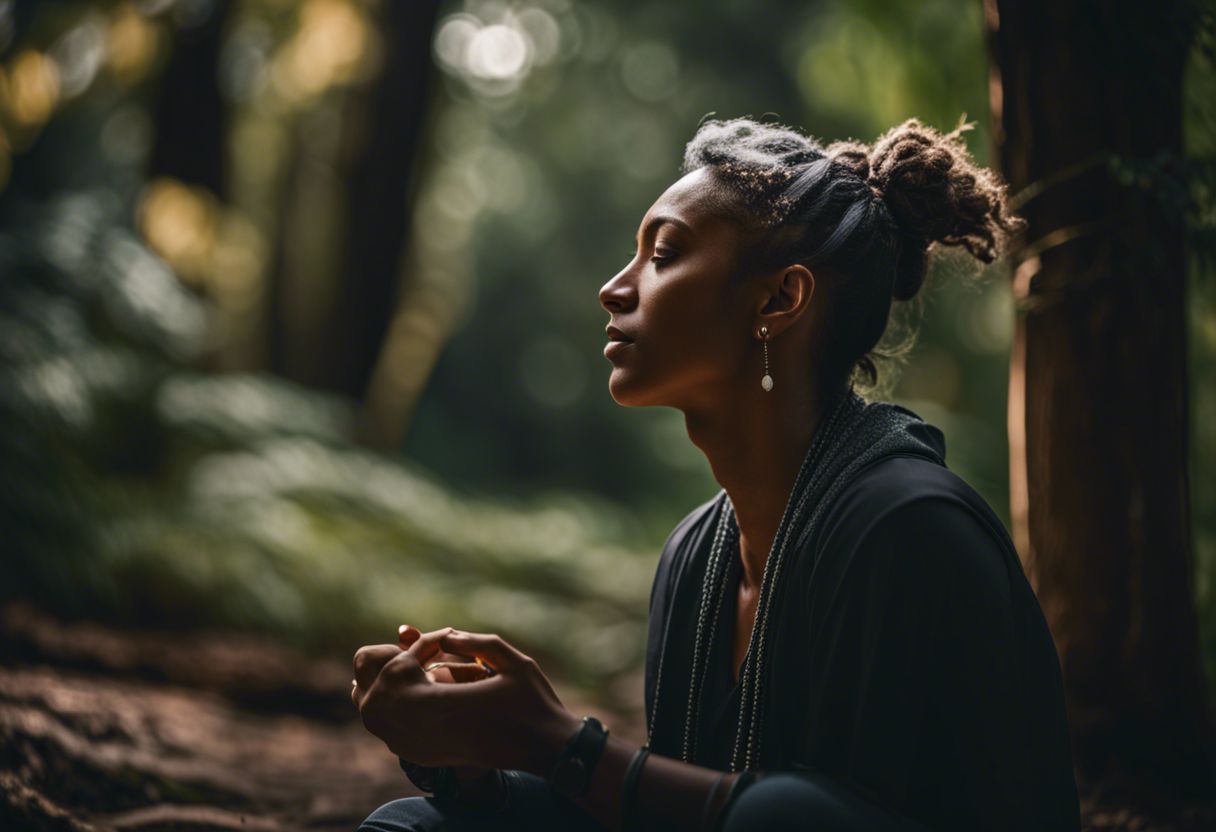 Person meditating with a nose piercing in a peaceful nature environment.