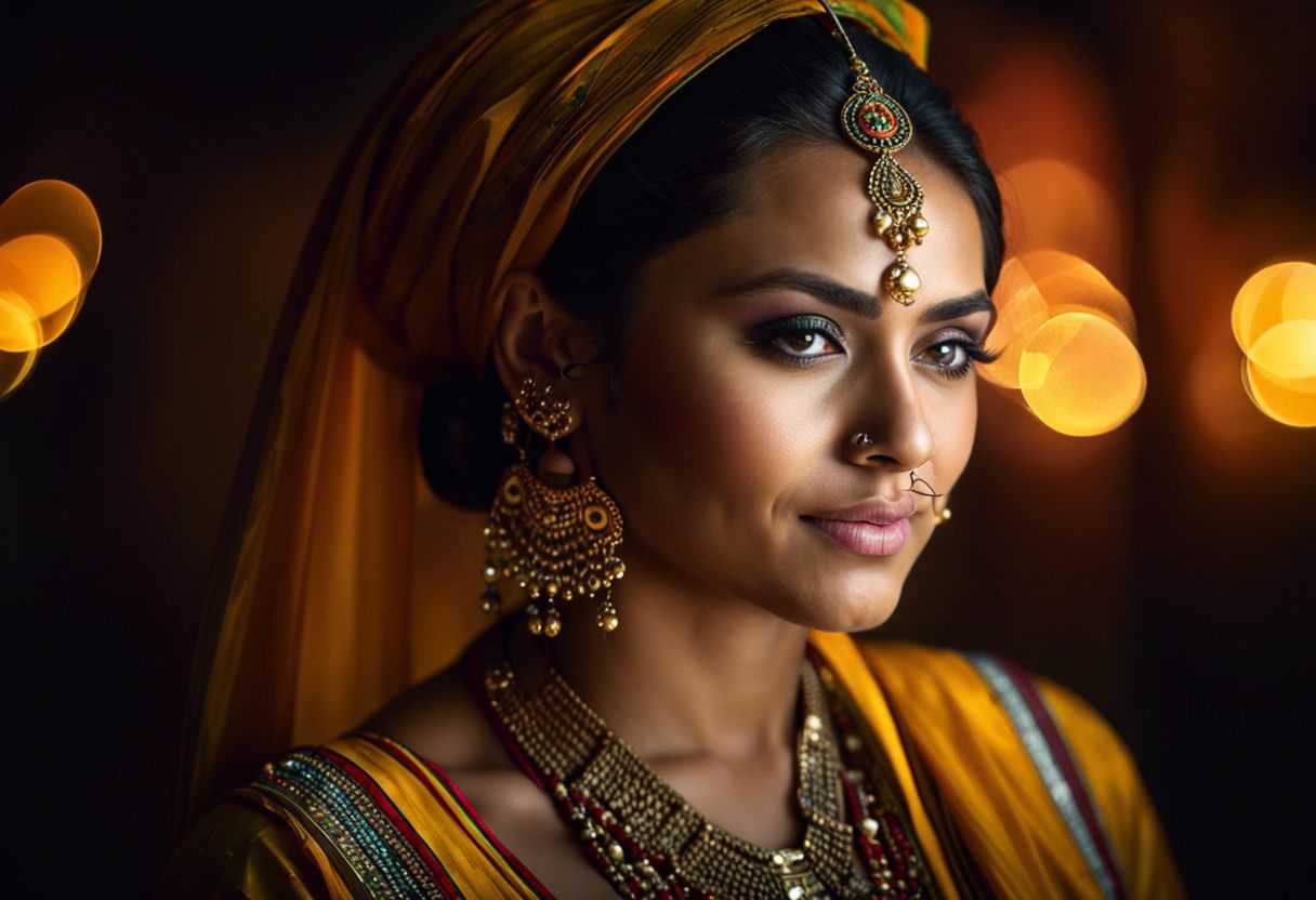 Confident woman with nose piercing wearing traditional attire.