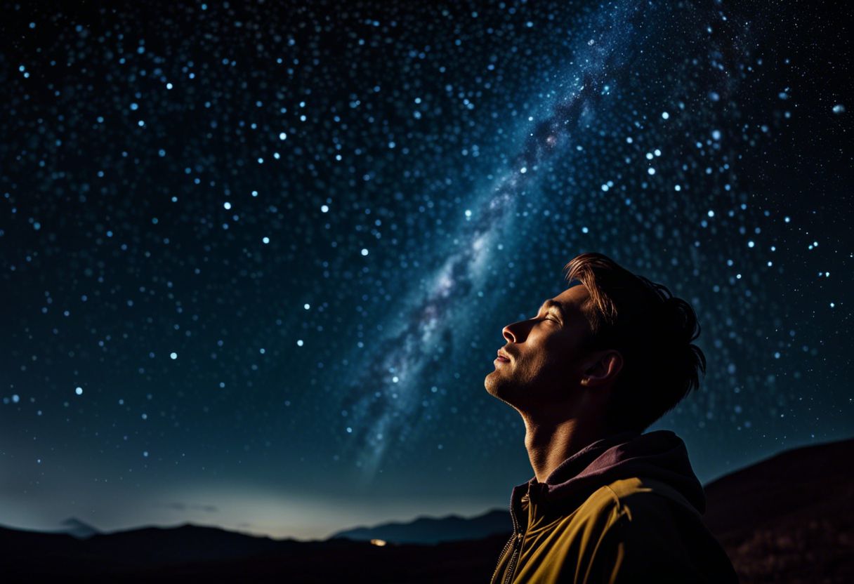 A person admiring shooting stars in the night sky.