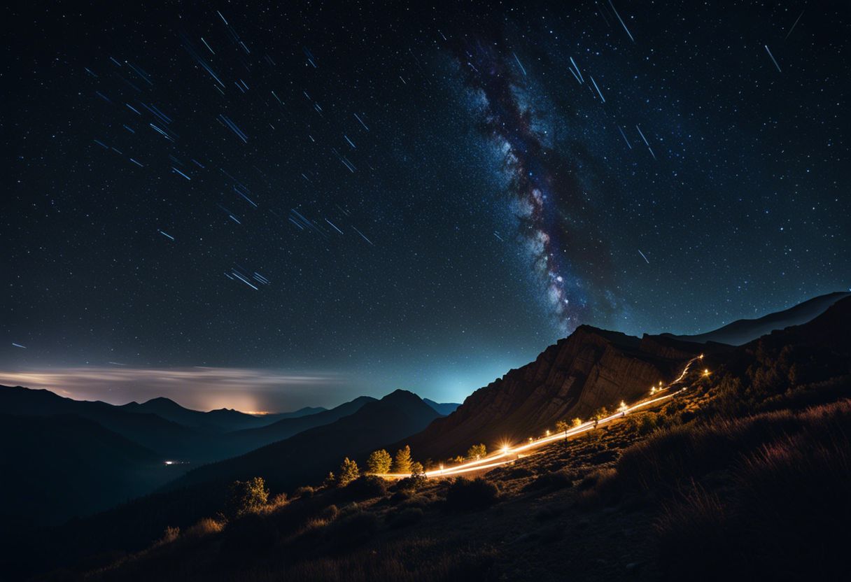 A breathtaking night sky filled with shooting stars over a mountain range.