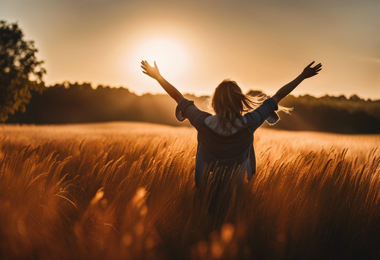 A person standing in a sunlit field with arms outstretched.