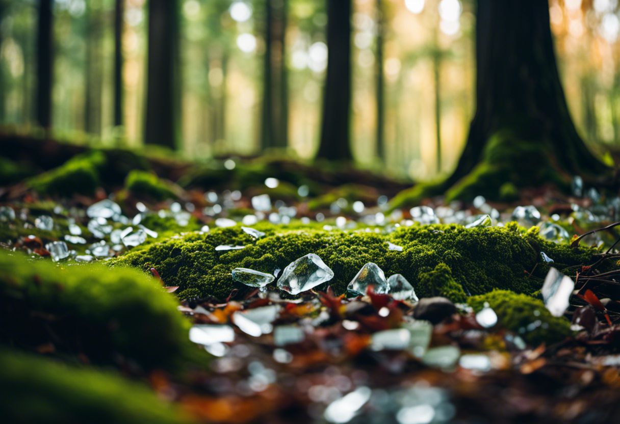 Photograph of broken glass scattered on a moss-covered forest floor.